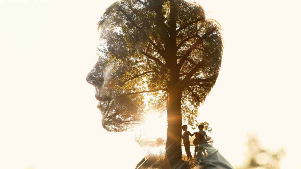 Silhouette eines Kopfes verschmilzt mit einem sonnendurchfluteten Baum und spielenden Kindern