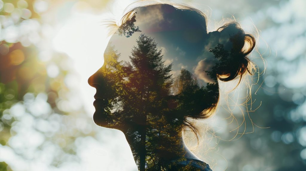 Profil einer Frau, überlagert von einem sonnenbeschienenen Baum