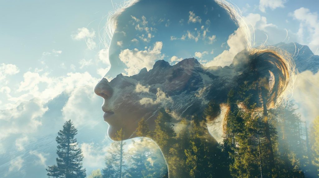 Profil einer Frau, überlagert von Berglandschaft, Wolken und Wald