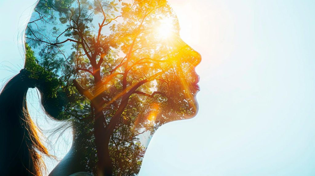 Profil einer Frau mit Blick nach oben, überlagert von einem Baum und strahlender Sonne