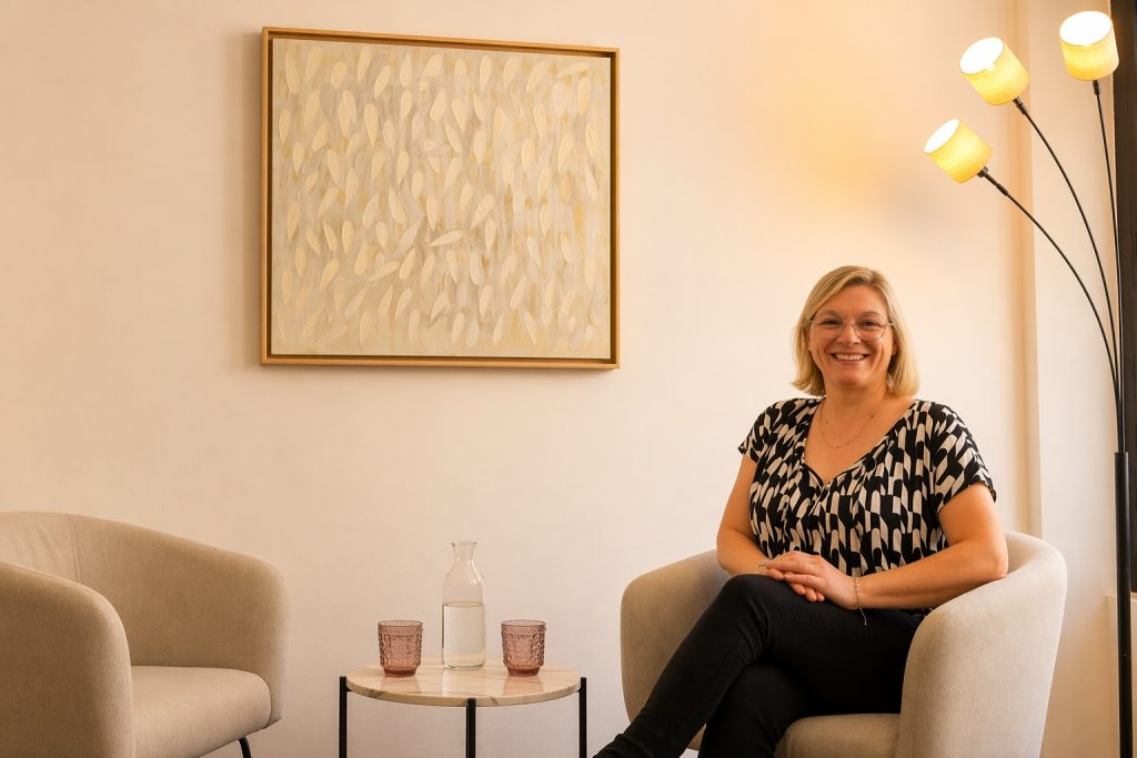 MMag. Marina Günther lächelnd in einem Sessel ihrer Praxis in Götzis
