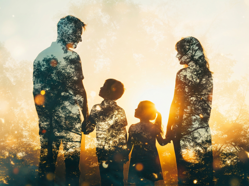 Familie mit zwei Kindern hält sich an den Händen, als Silhouette im Sonnenuntergang