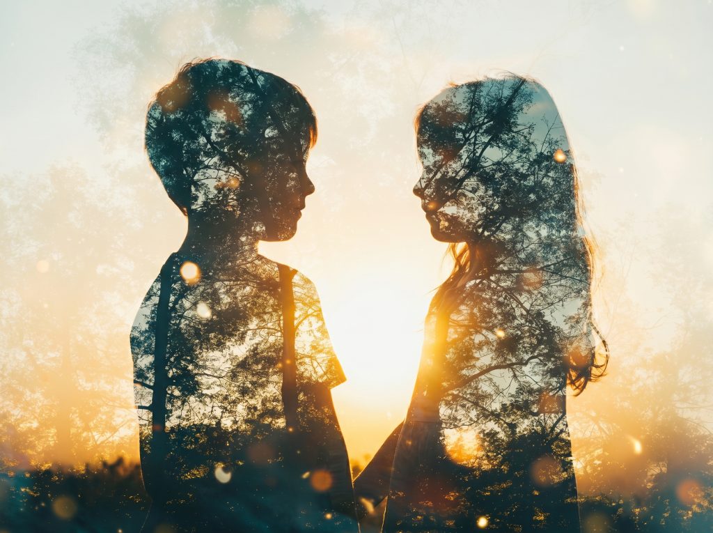 Zwei Kinder stehen sich als Silhouette im Sonnenuntergang gegenüber