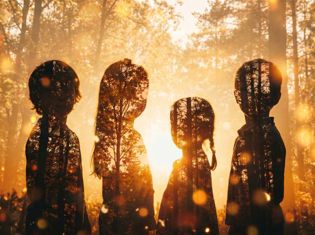 Vier Kinder als Silhouetten in einem herbstlichen Wald im Gegenlicht